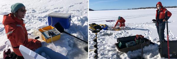 Saul Blocher (UVM) and Vivien Taylor (Dartmouth) sampling on the ice of Lake Champlain at St. Albans Bay. Photos: Saul Blocher Researchers working on a frozen lake with equipment and holes in the ice